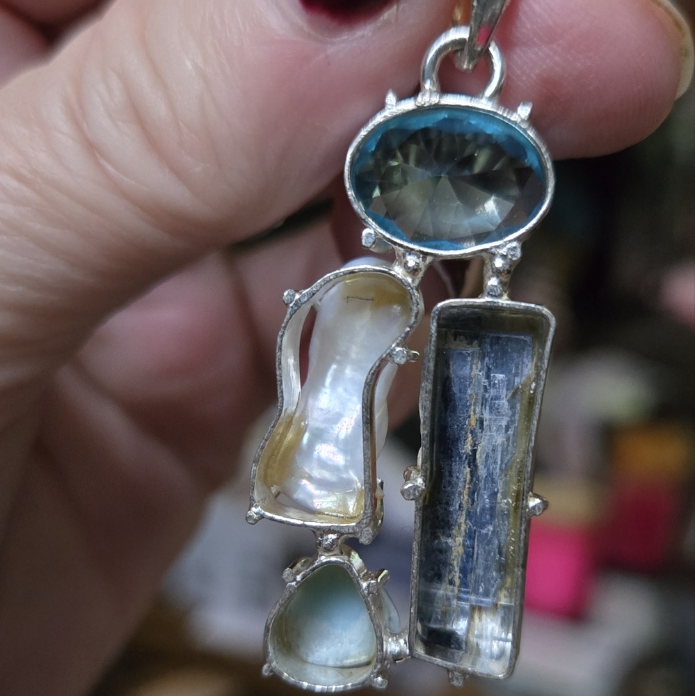 Blue topaz Kyanite Pearl & Larimar sterling silver pendant - Picture 8 of 8